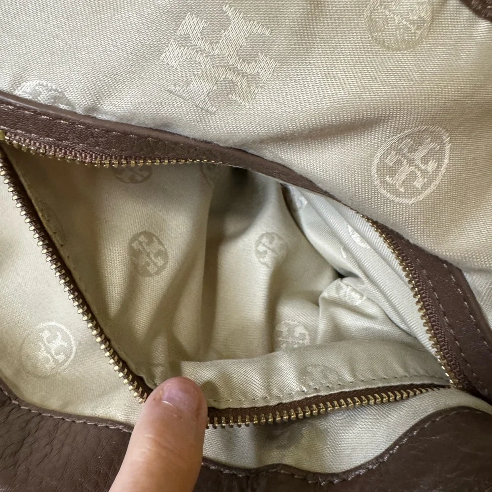 Tory‎ Burch Brown Pebbled Leather Logo Tote Shoulder Bag